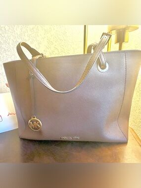 Michael Kors Taupe Leather Tote with Gold-Tone Logo Charm